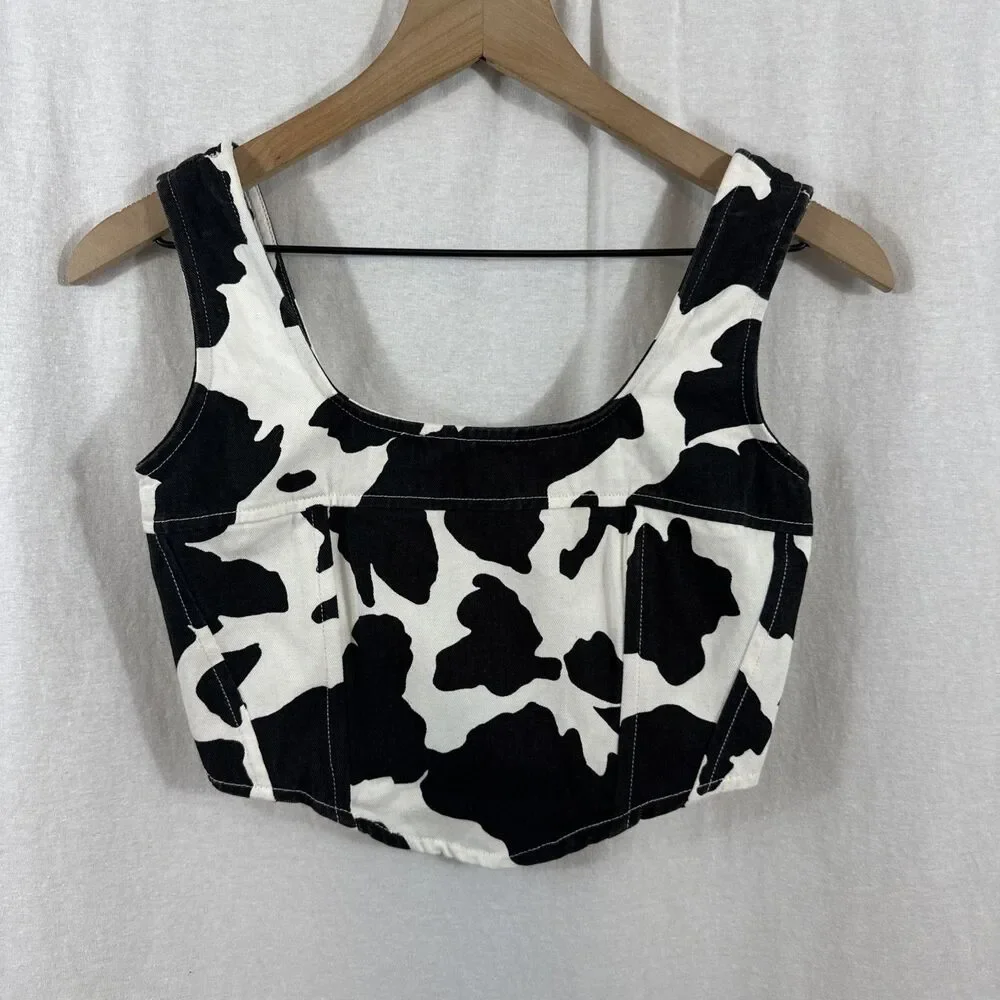 Lone Star Cow Print Corset Bustier Style Crop Tank Top Womens Sz S Rodeo Western - Picture 1 of 6